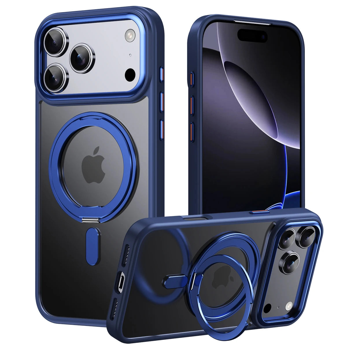 Navy blue magnetic iPhone case with rotating ring kickstand
