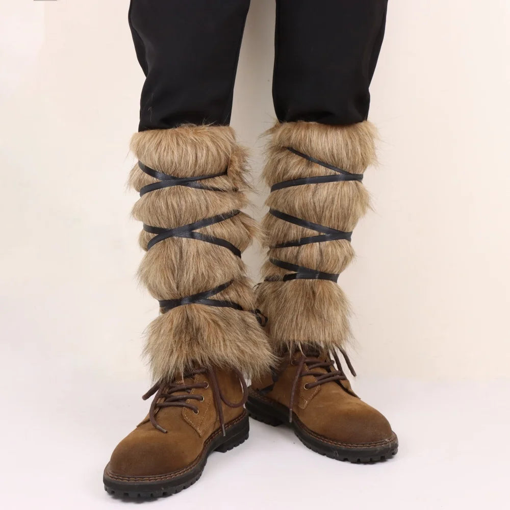 Faux fur medieval boot covers with black lace-up straps, front view