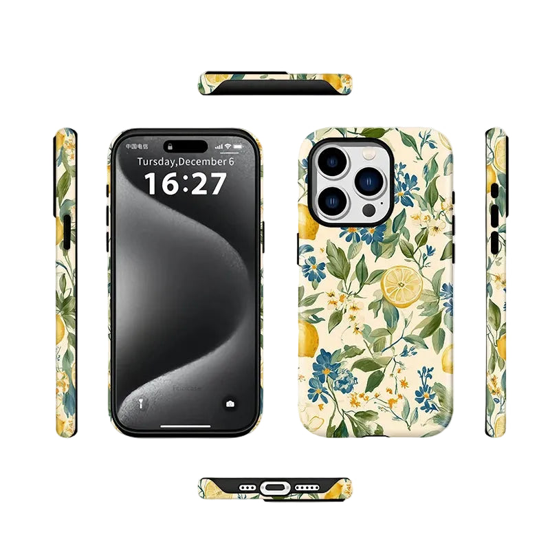 Floral phone case with lemon design on a smartphone