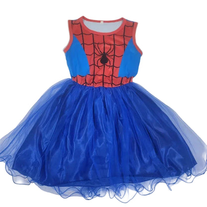 Blue dress with Spider-Man design on a plain background