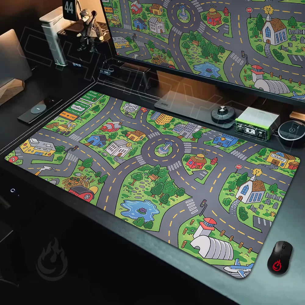 Car City Desk Mat – Retro Road Map Gaming Mouse Pad