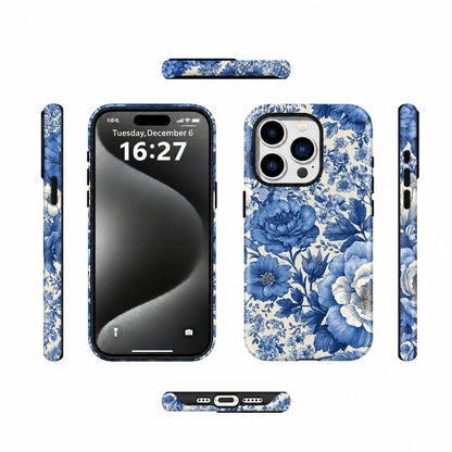 Blue Floral Magnetic iPhone Case – Dual-Layer TPU & PC