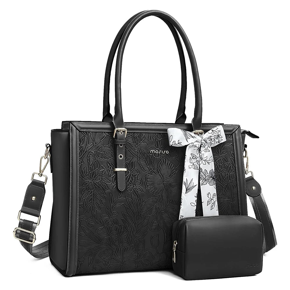 Black MOSISO floral PU leather laptop tote bag with matching pouch