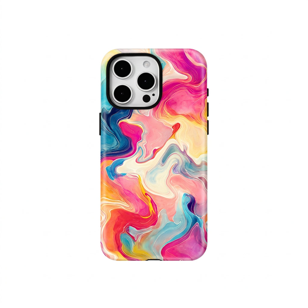 Colorful phone case with marble pattern on a white background