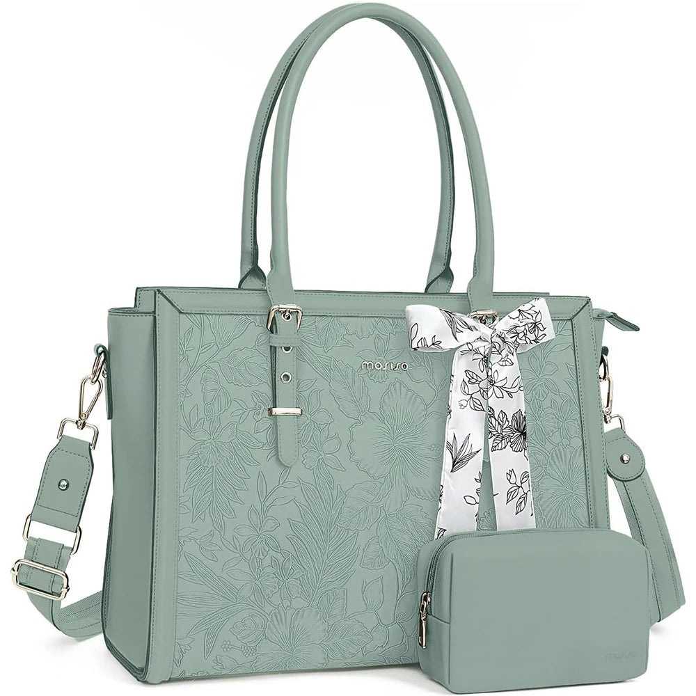 Mint green MOSISO floral PU leather laptop tote bag with matching pouch