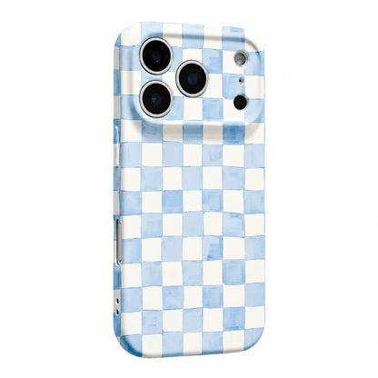 A protective phone case featuring a light blue and white checkerboard pattern, shown on a neutral light gray background.