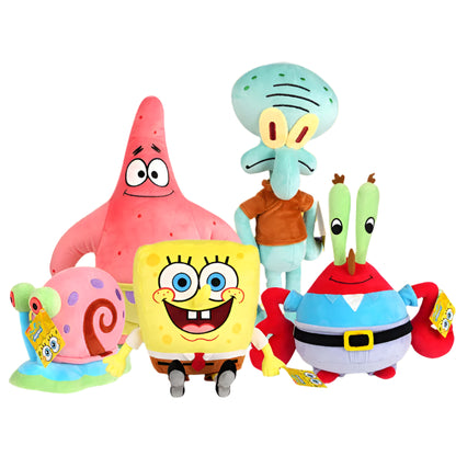 A collection of Spongebob Squarepants plush toys, including characters such as Spongebob, Patrick, and Squidward, posed against a yellow background with bubbles.