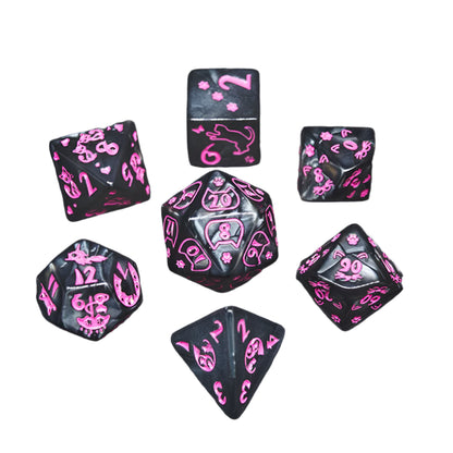 7 Piece Dice Set - Black and Pink Cat