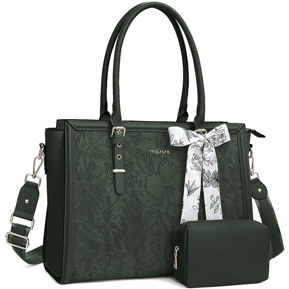 Dark green MOSISO floral PU leather laptop tote bag with matching pouch