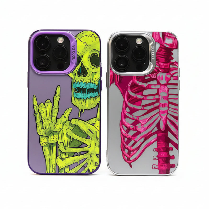 Colourful skull and skeleton iPhone cases in pink and neon green