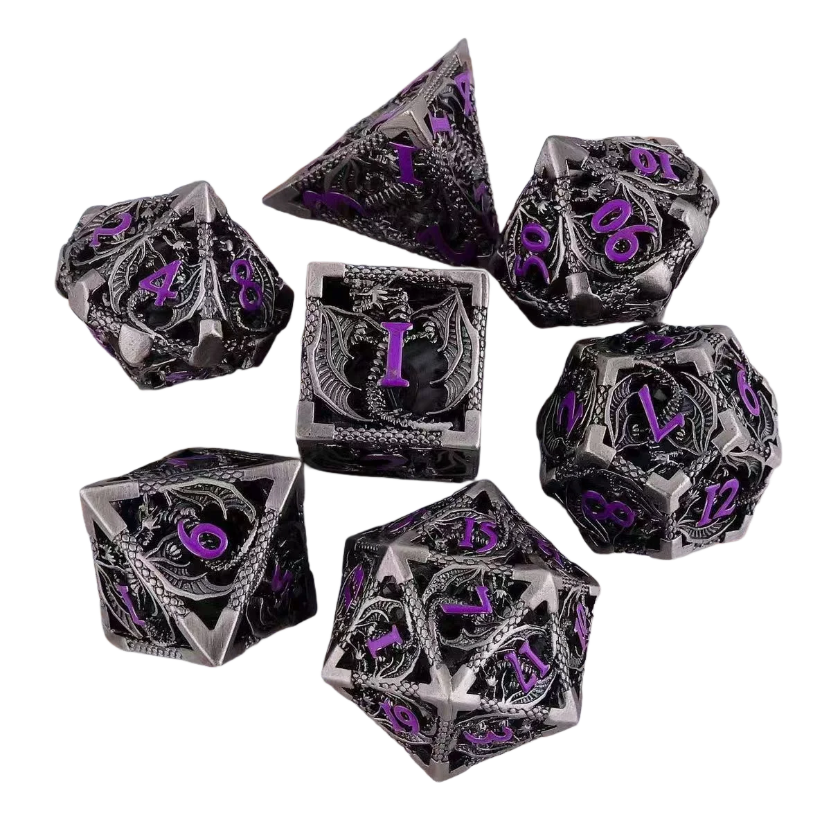 Hollow Dragon Metal Dice Set – 7-Piece RPG Dice