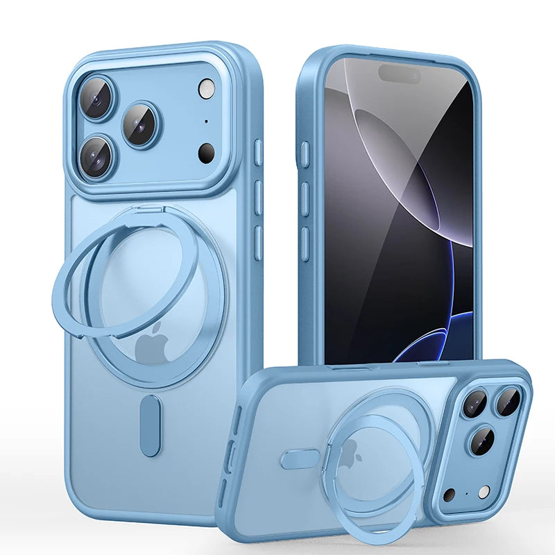 Light blue magnetic iPhone case with 360° rotating ring kickstand, front and back