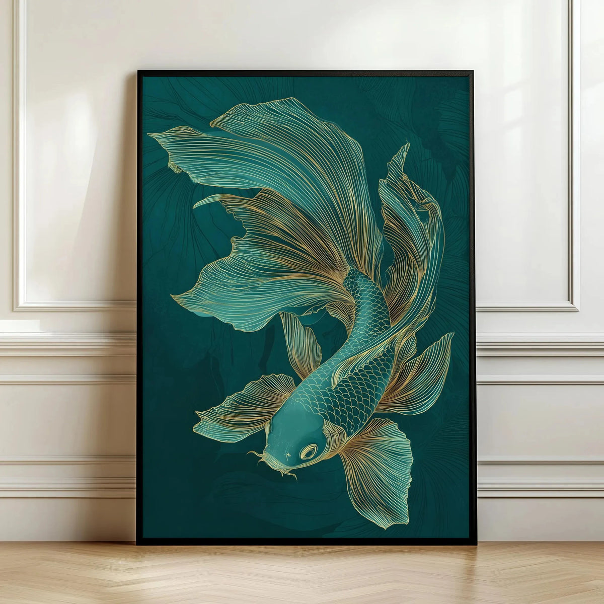 Framed artwork of a koi fish on a teal background in a room with wooden flooring and white walls.