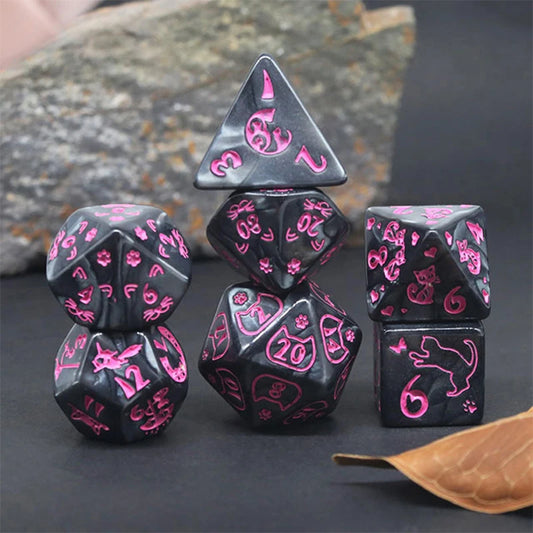 Black and Pink Cat 7pc Dice Set