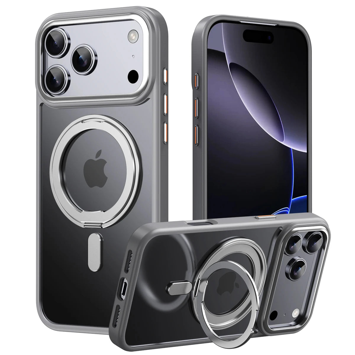 Grey frosted magnetic iPhone case with silver rotating ring kickstand