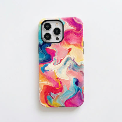 Colorful marbled phone case on a white surface