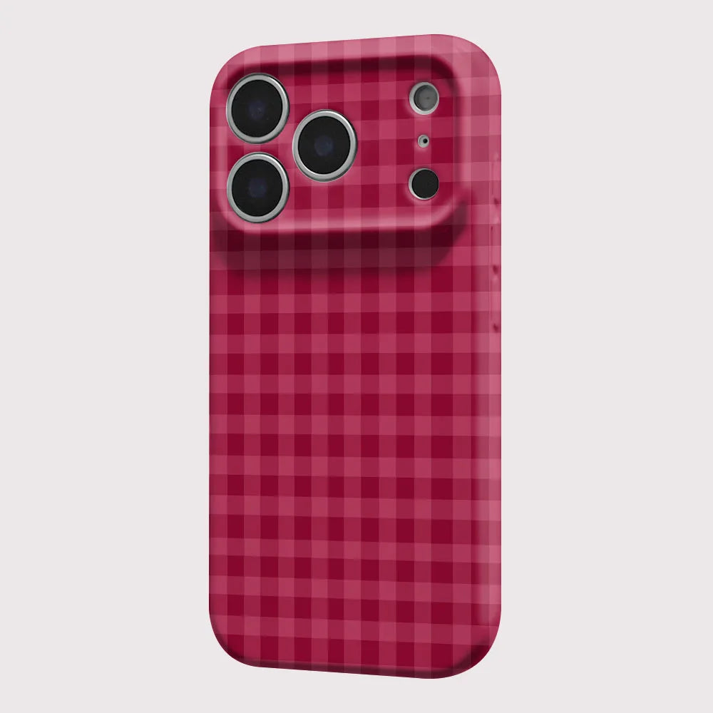 A phone case with a dark pink and red gingham plaid pattern, shown from the back on a white background.