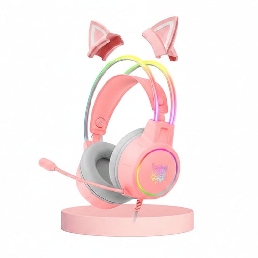 Pink headphones with cat ear design and RGB lighting, including packaging and stand on a white background.