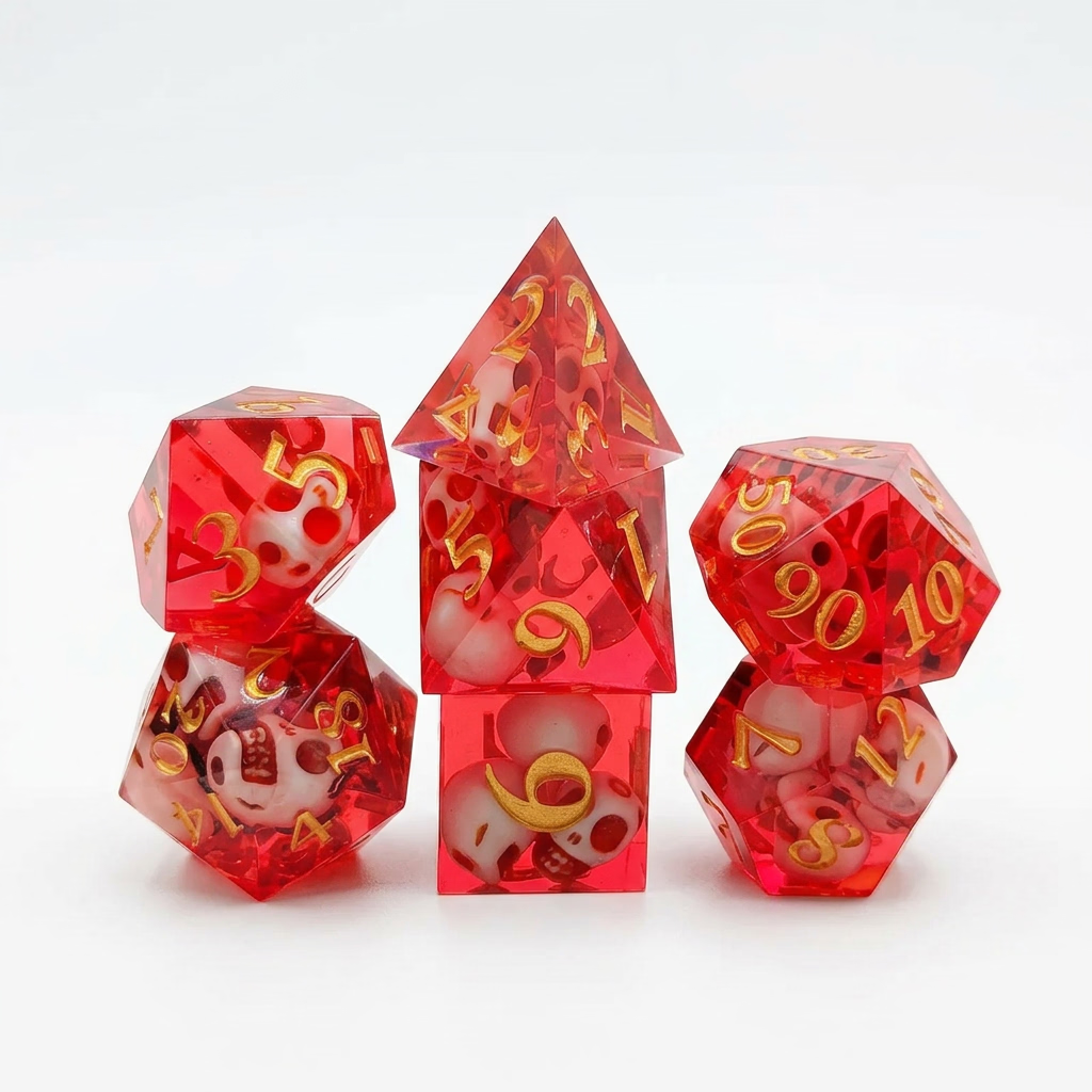 Seven translucent red resin polyhedral dice with embedded skull details and numbered faces