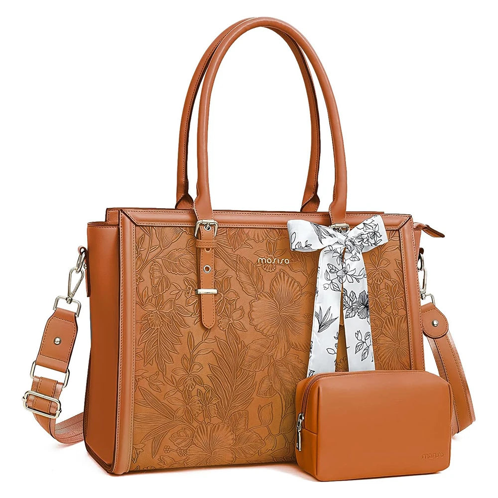 MOSISO floral PU leather laptop tote bag in brown