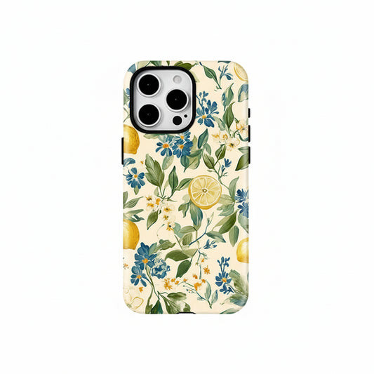 Phone case with floral and lemon design on a white background