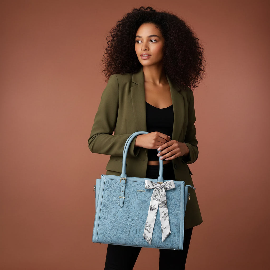 Woman carrying MOSISO floral laptop tote bag in blue