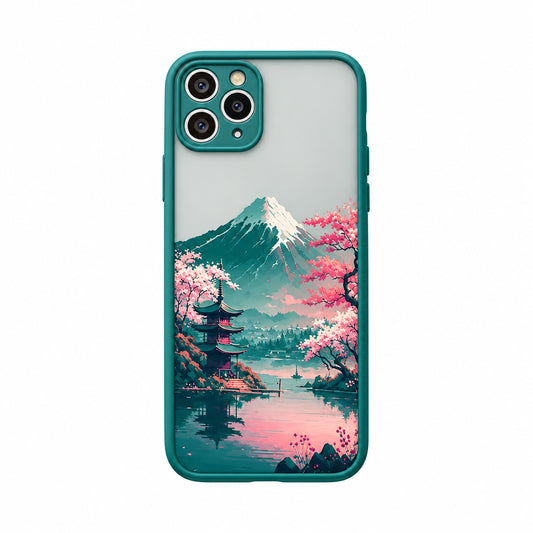Japanese Mount Fuji landscape iPhone case with cherry blossom design