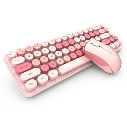 A pastel pink wireless keyboard and mouse set with round keys and decorative lettering, shown on a clean white background.