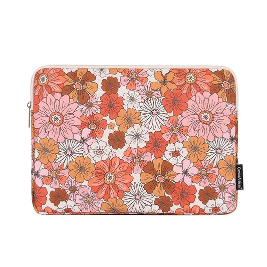 Floral 70s vibe laptop sleeve with retro pink and orange flower print