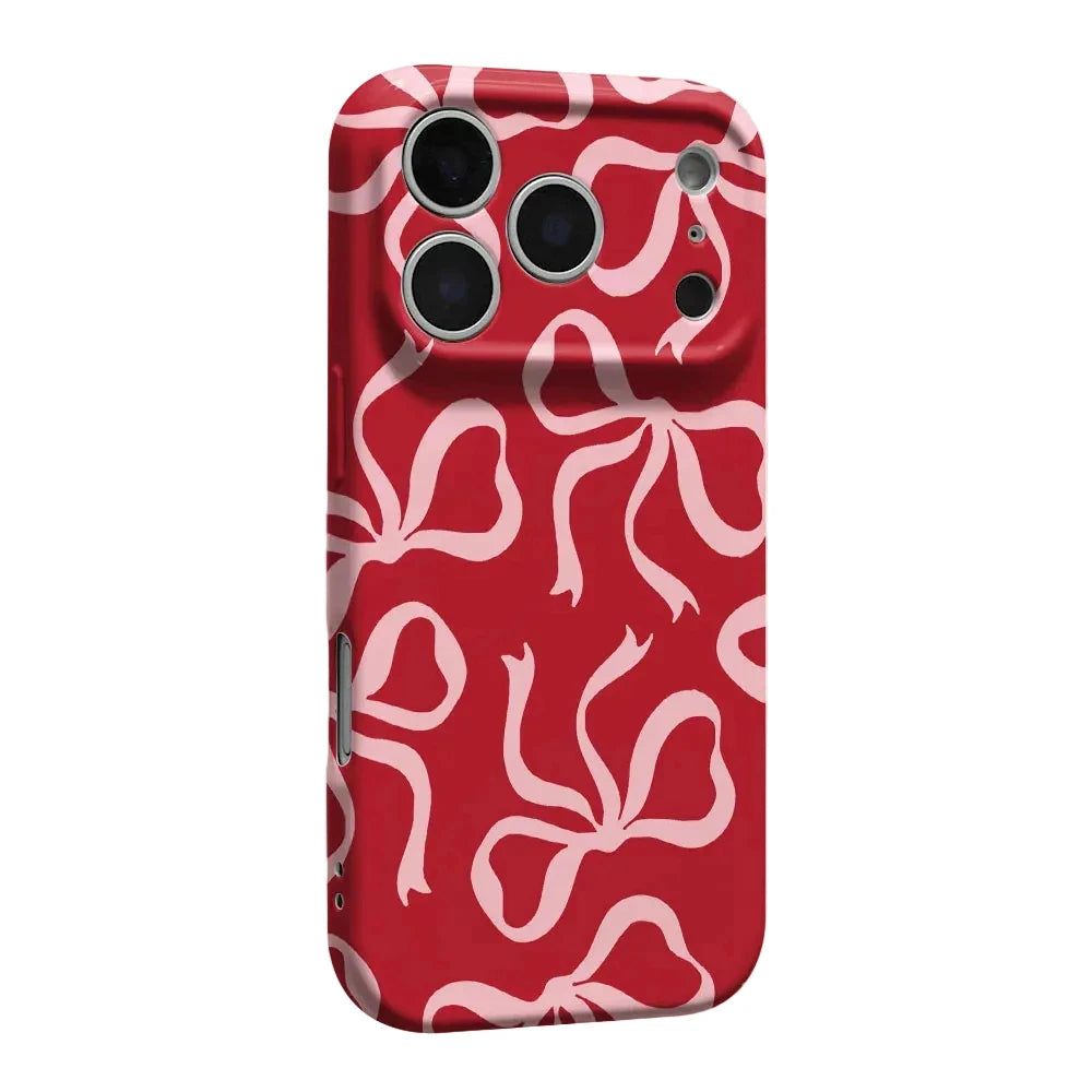 A red phone case with a white abstract floral or ribbon-like pattern, shown on a white background.
