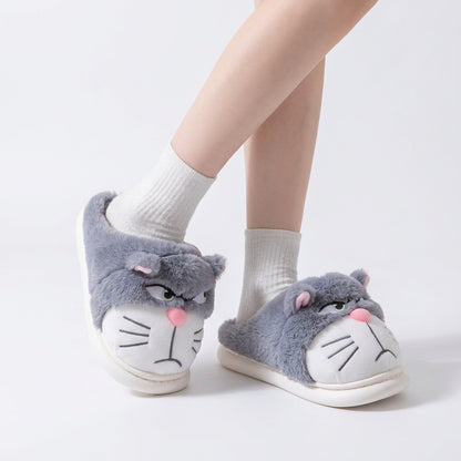 Grouchy Cat Plush Slippers – Funny Fluffy Indoor Slippers