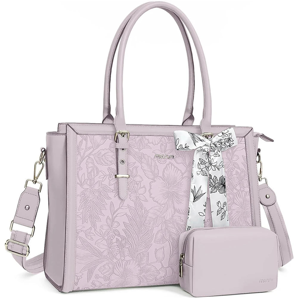 Lavender MOSISO floral PU leather laptop tote bag with matching pouch