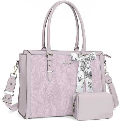 Lavender MOSISO floral PU leather laptop tote bag with matching pouch