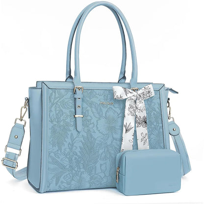 Blue MOSISO floral PU leather laptop tote bag with matching pouch