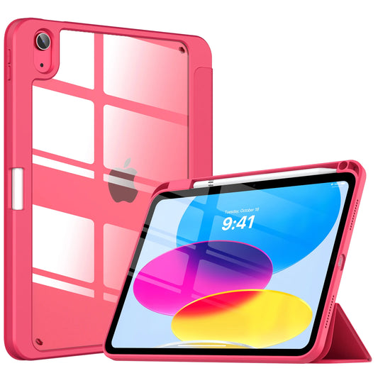 iPad 10th Generation Case with Pencil Holder – Clear Back Tri-Fold Stand in Watermelon Red
