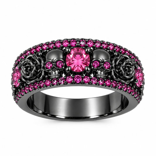 Punk skull flower ring with pink stones