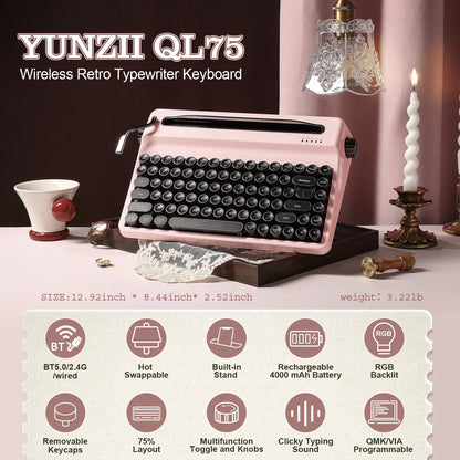YUNZII QL75 Pink Typewriter Mechanical Keyboard