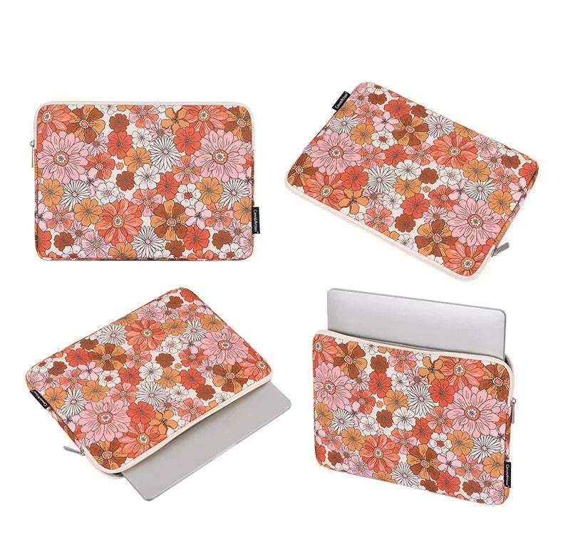 Floral 70s vibe laptop sleeve shown with multiple views