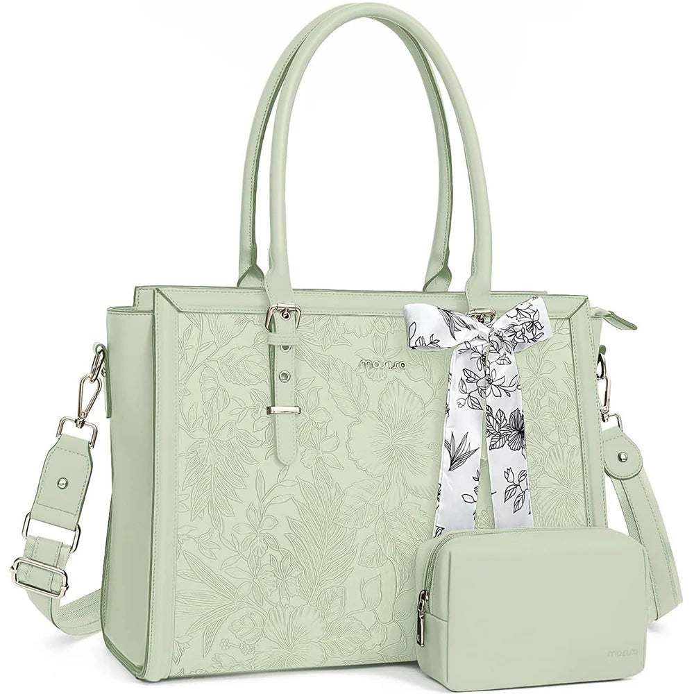 Light green MOSISO floral PU leather laptop tote bag with matching pouch