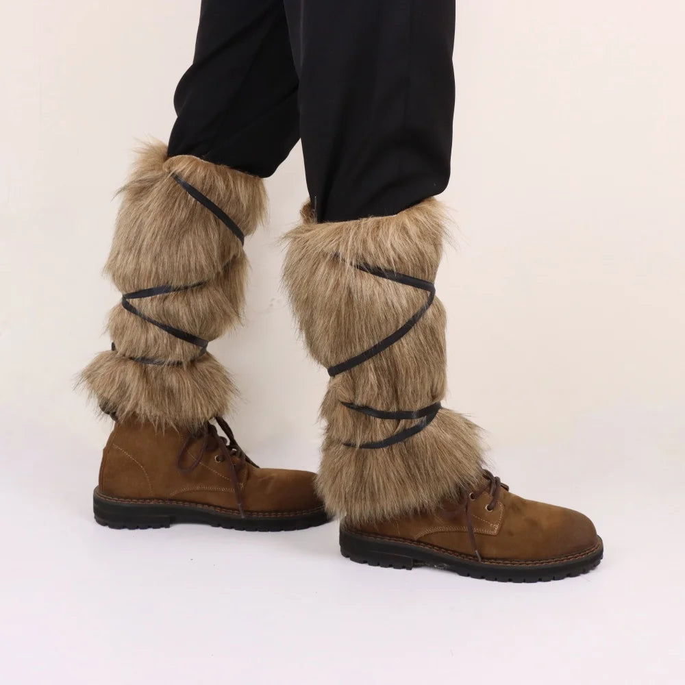 Brown faux fur Viking leg warmers worn over boots with cross-tied straps