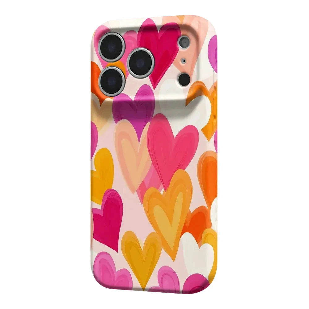 A phone case featuring a colorful pattern of overlapping hearts in shades of pink, orange, yellow, and white on a light background.