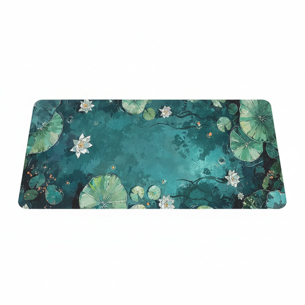 A large desk mat with a detailed watercolor-style lotus pond design in teal, green, and white