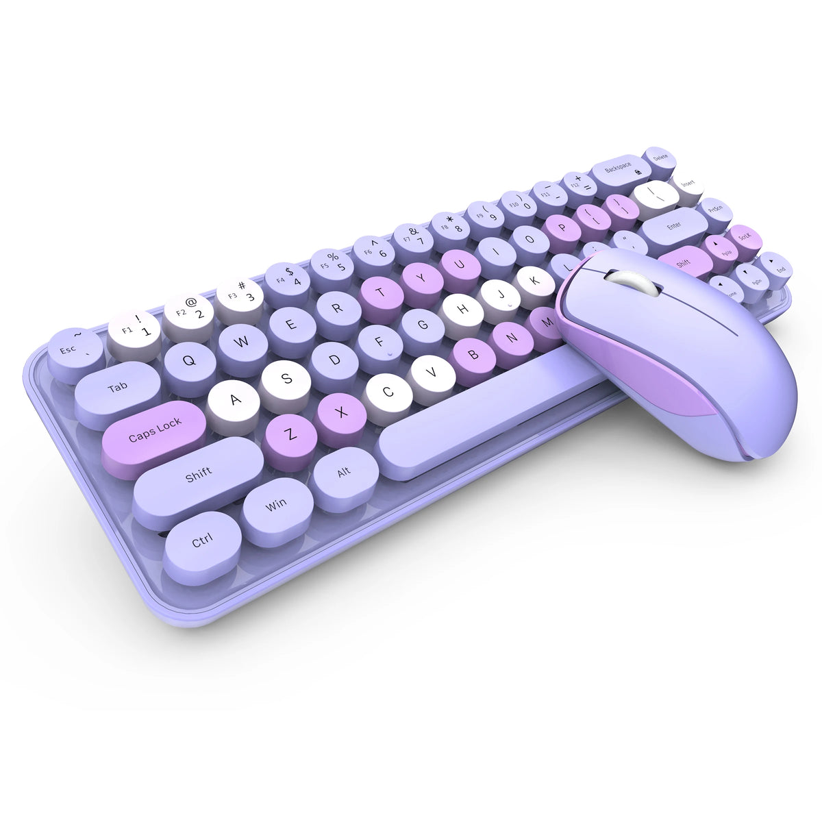 A wireless keyboard and mouse set in pastel purple, lavender, and light pink, shown on a clean white background.