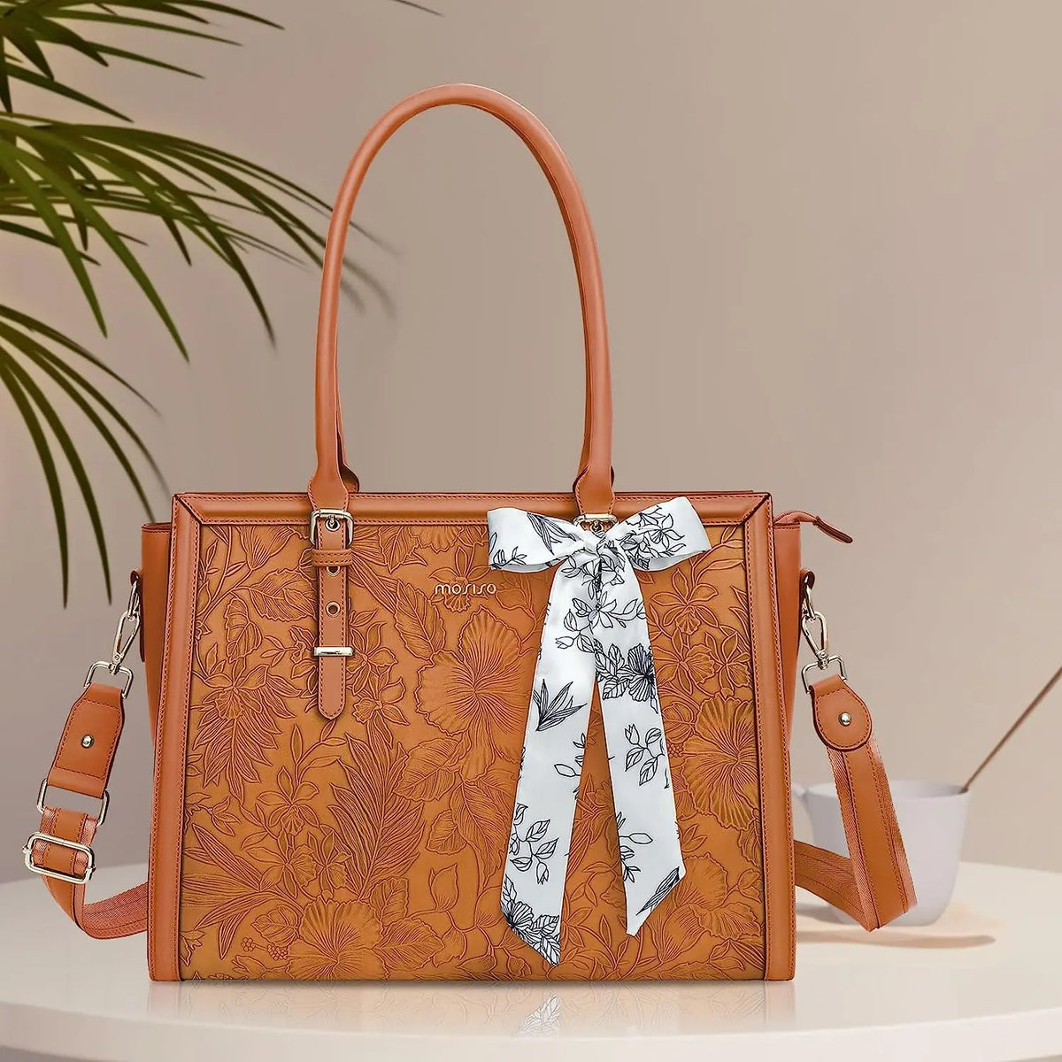 MOSISO floral PU leather laptop tote bag in brown