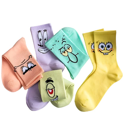 5 pair of Colourful Crew Socks Inspired by SpongeBob