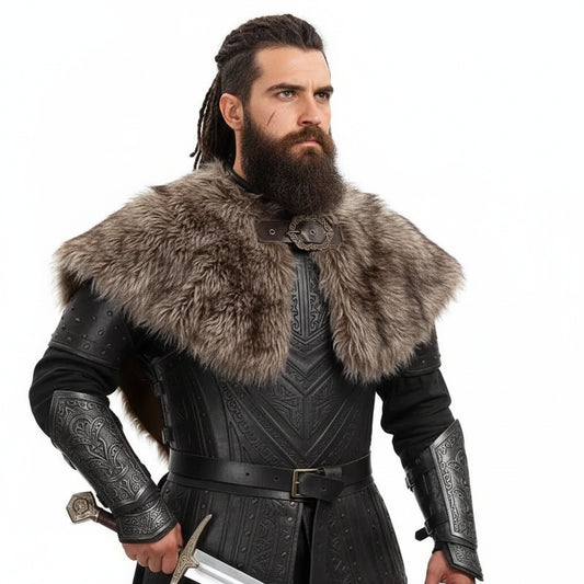 Viking faux fur collar costume cloak for men