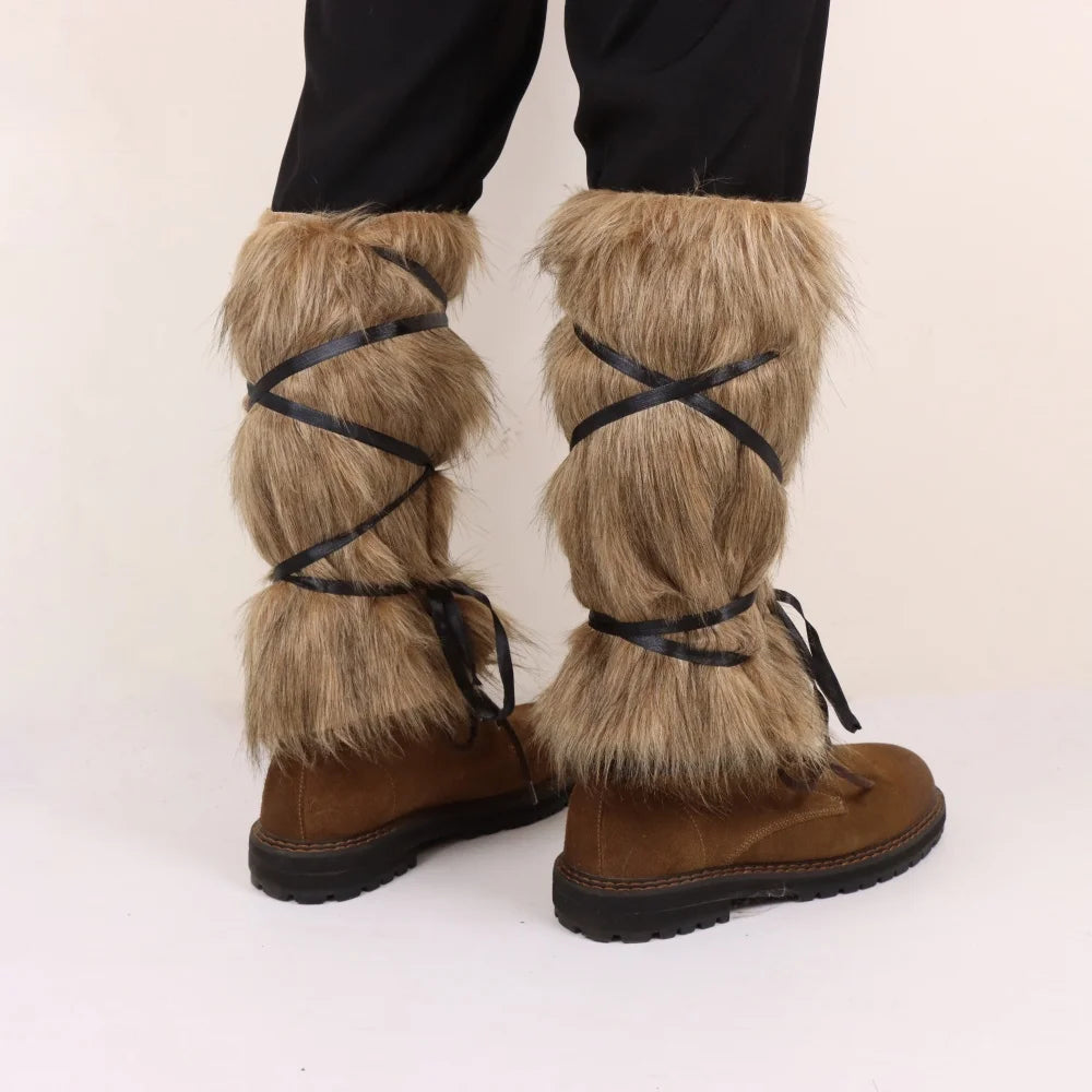 Viking faux fur leg warmers tied over brown boots