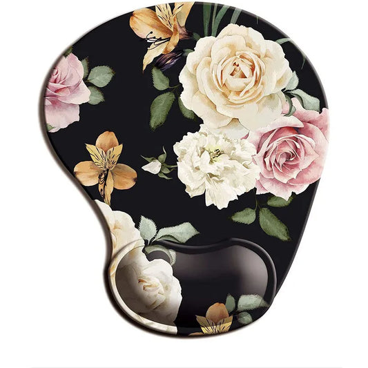 Ergonomic black floral mouse pad with integrated wrist rest