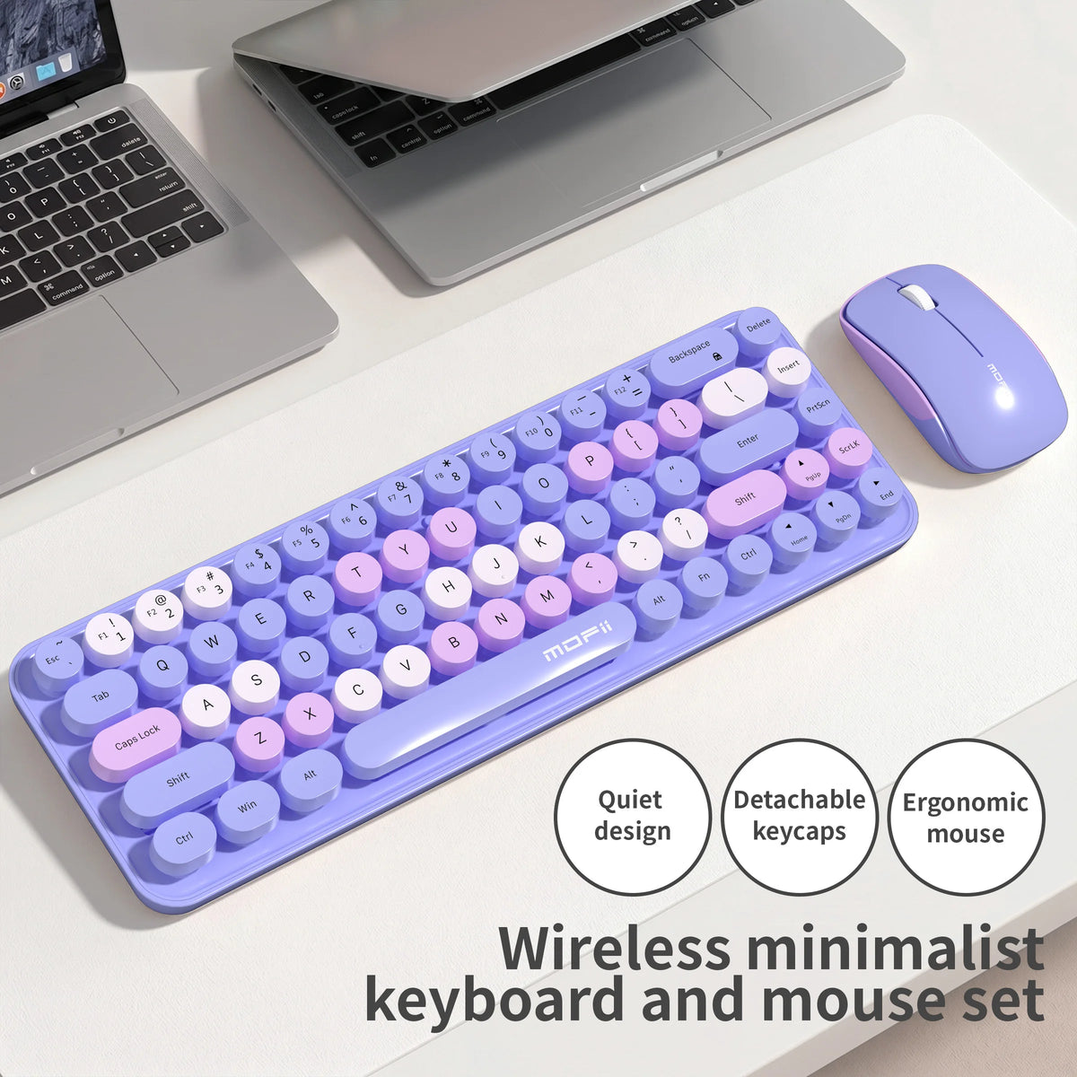 A MOFII purple keyboard and mouse set shown with graphics of Wireless minimalist keyboard and mouse set