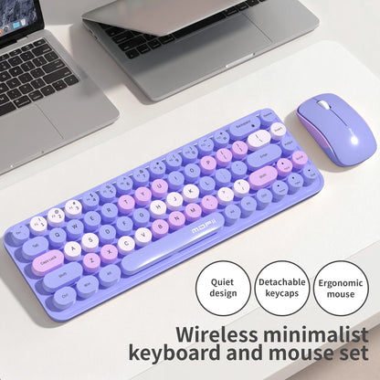 A MOFII purple keyboard and mouse set shown with graphics of Wireless minimalist keyboard and mouse set